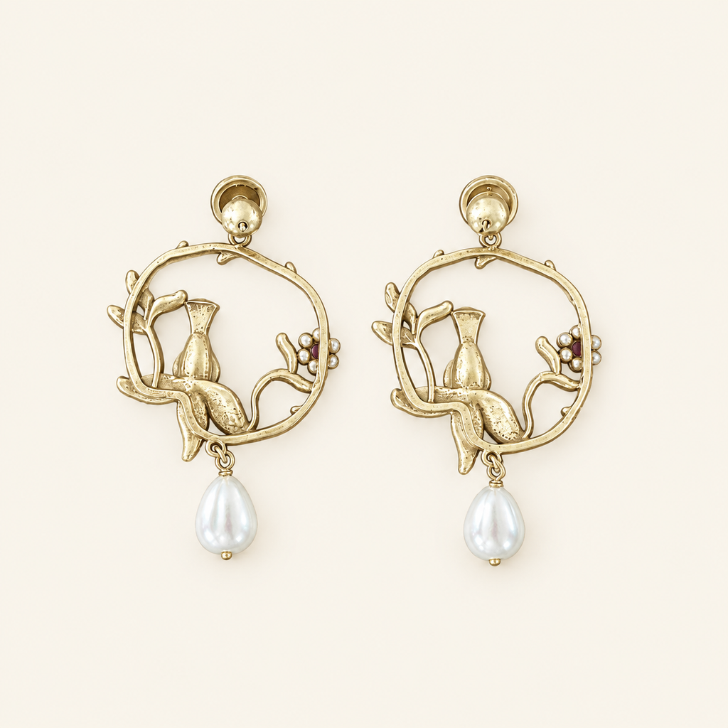 Vintage Bird Turquoise Pearl Hoop Drop Earrings