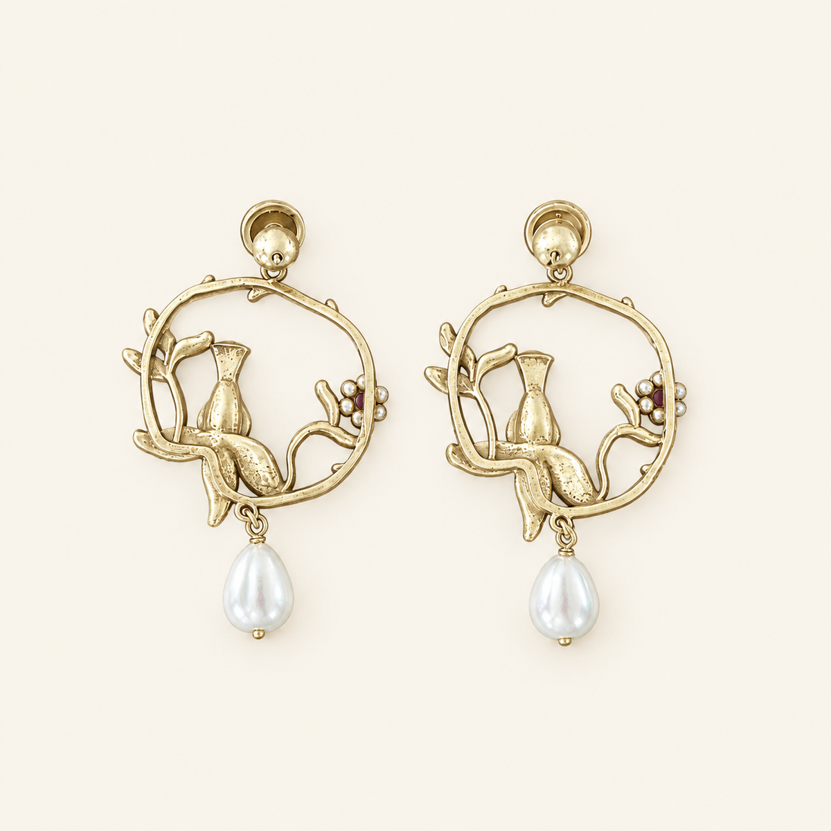 Vintage Bird Turquoise Pearl Hoop Drop Earrings