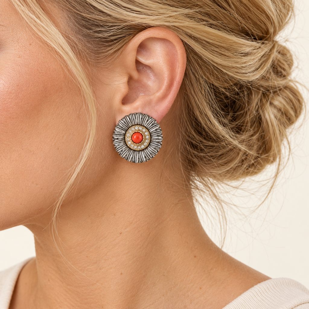 Vintage Sunburst Red Cabochon Clip-On Earrings
