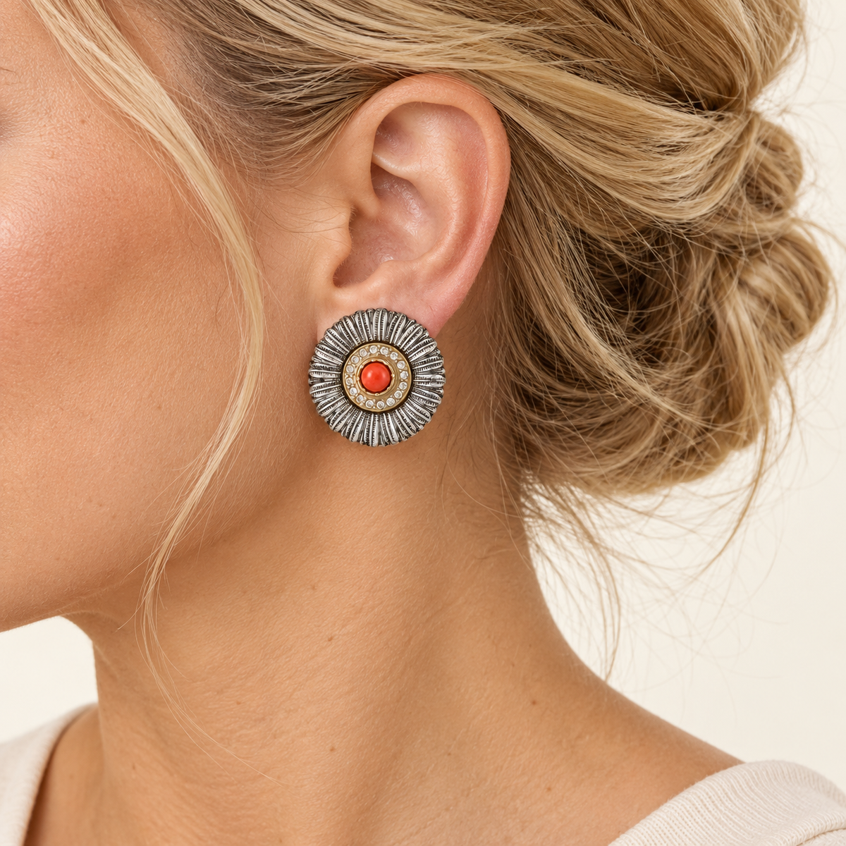 Vintage Sunburst Red Cabochon Clip-On Earrings