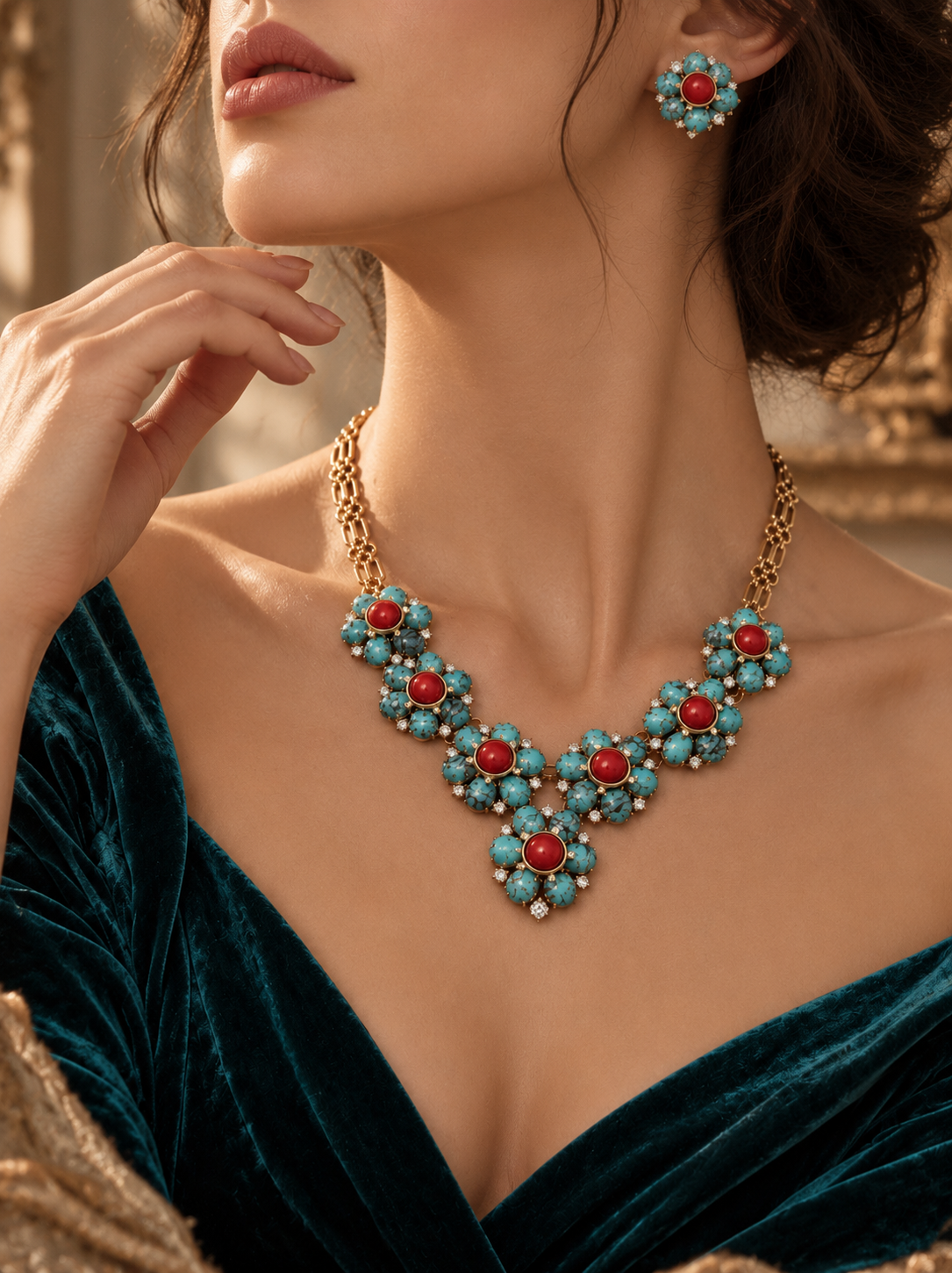 Turquoise & Red Floral Statement Necklace Set