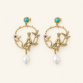 Vintage Bird Turquoise Pearl Hoop Drop Earrings