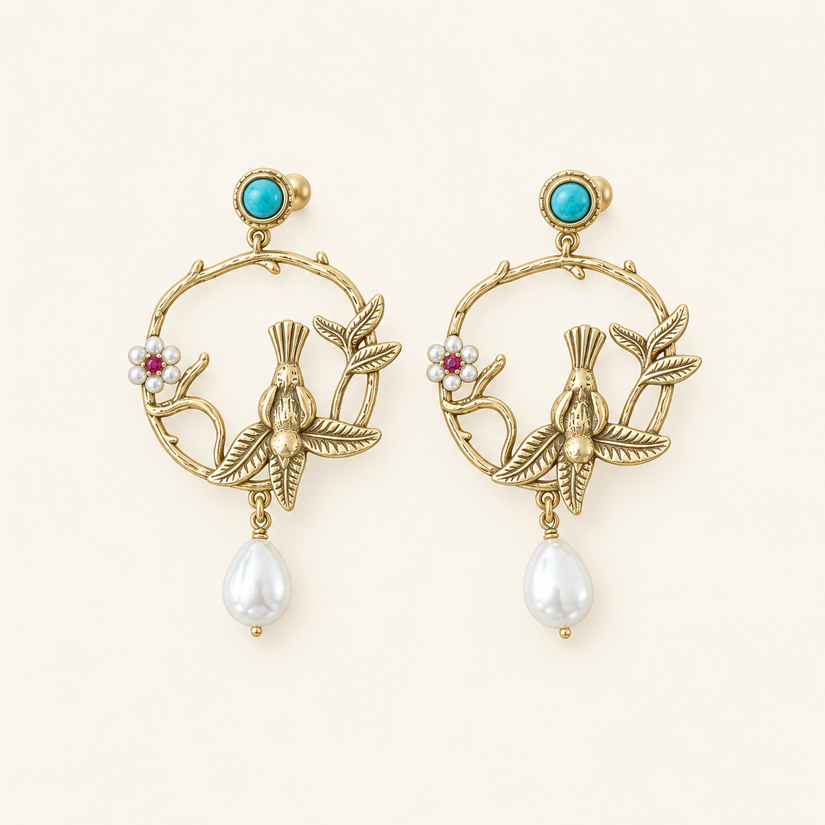 Vintage Bird Turquoise Pearl Hoop Drop Earrings