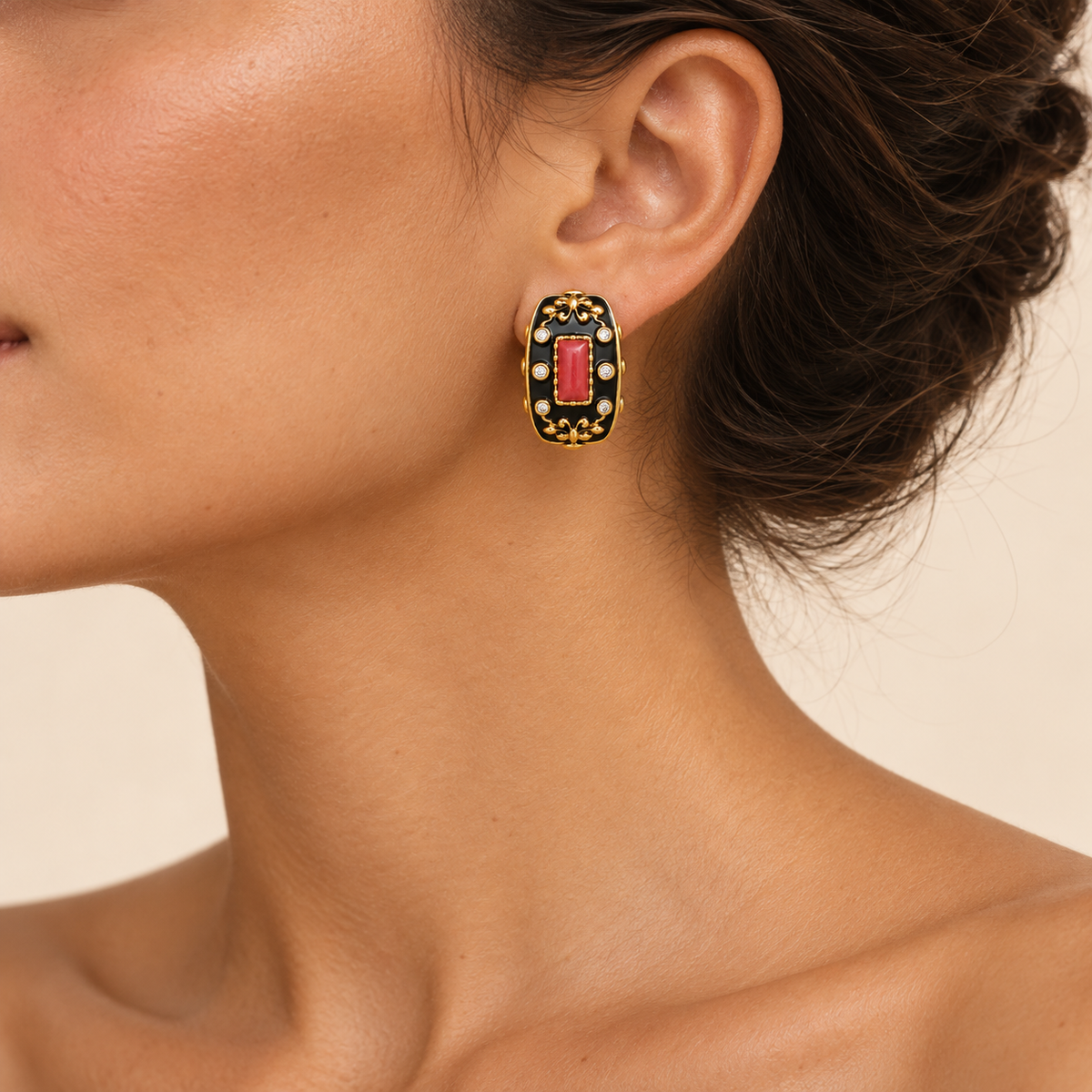 Vintage Black Enamel Red Glass Hoop Earrings