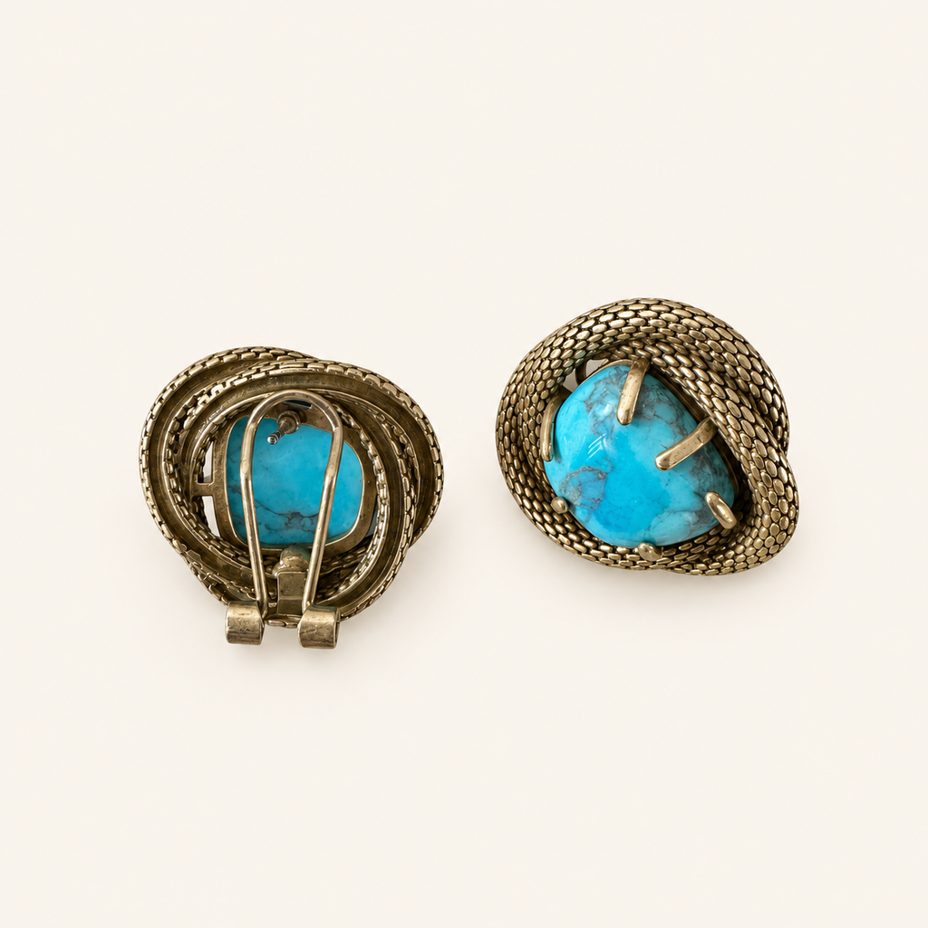 Vintage Turquoise Snake Coil Clip-On Earrings