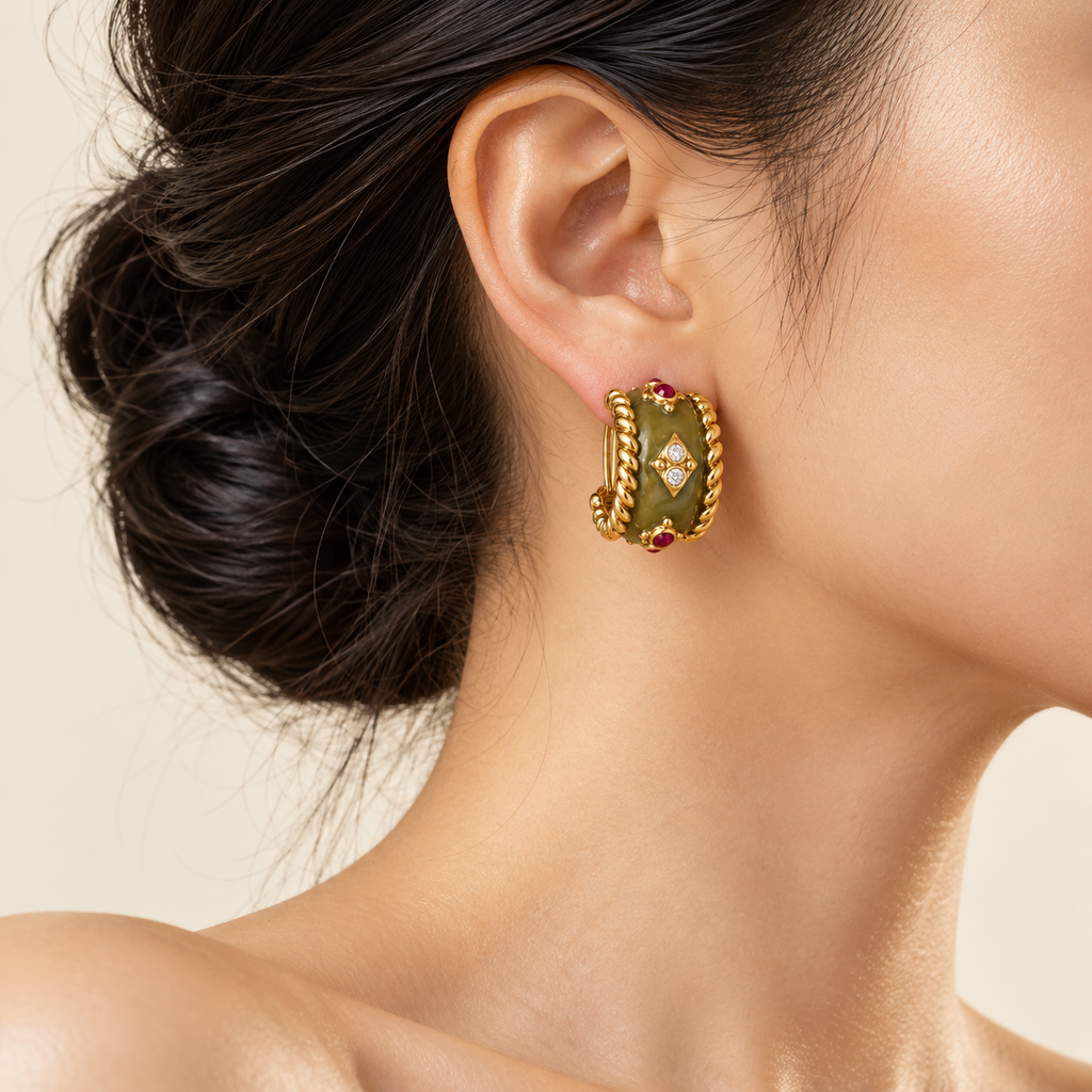 Vintage Olive Green Enamel Statement Earrings