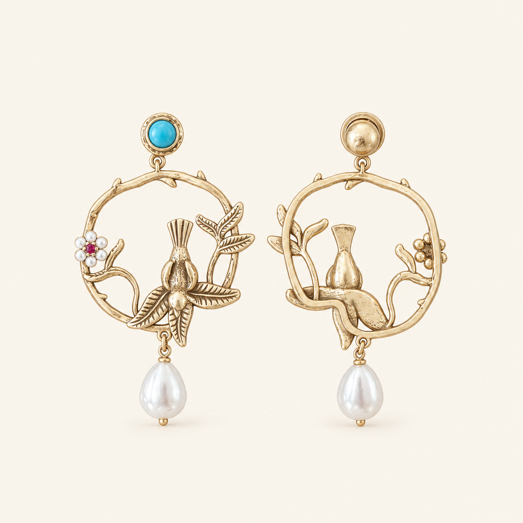 Vintage Bird Turquoise Pearl Hoop Drop Earrings