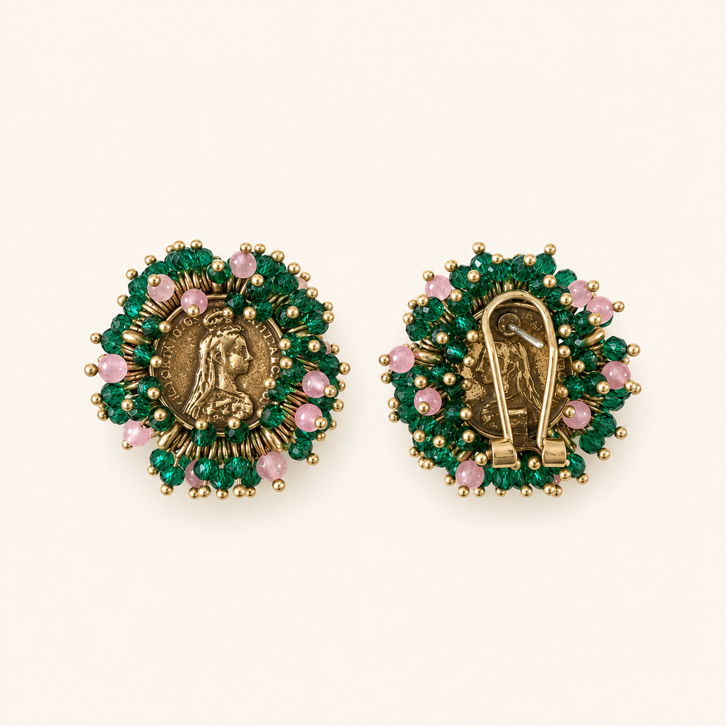 Vintage Coin Green & Pink Beaded Clip-On Earrings