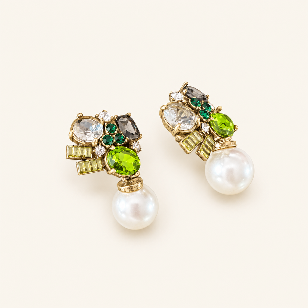 Vintage Green Crystal Pearl Drop Earrings
