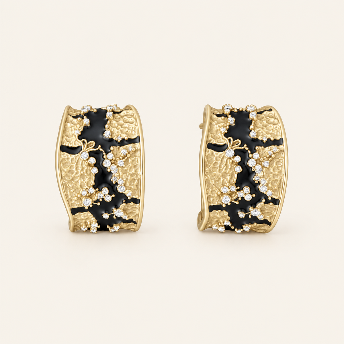 Vintage Black Enamel Textured Hoop Earrings