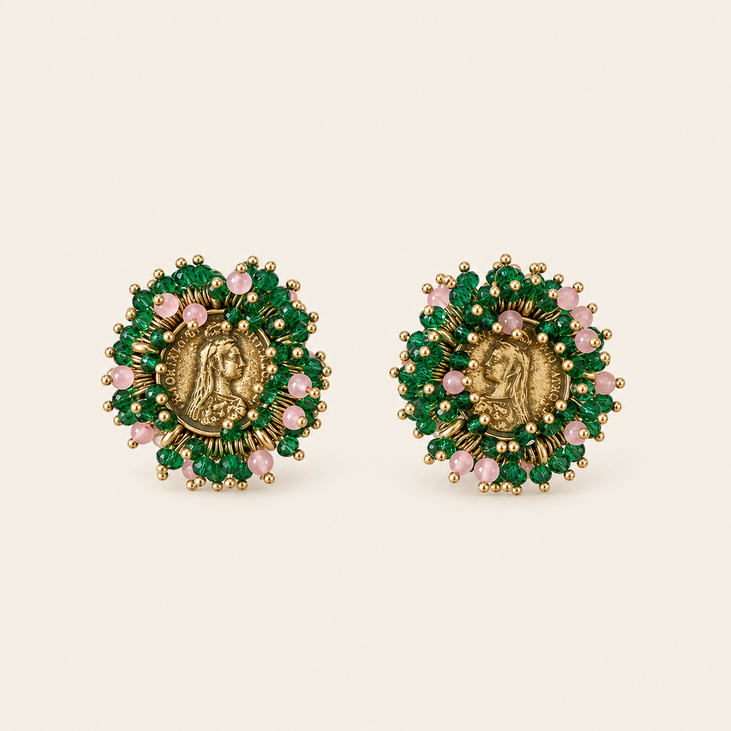 Vintage Coin Green & Pink Beaded Clip-On Earrings