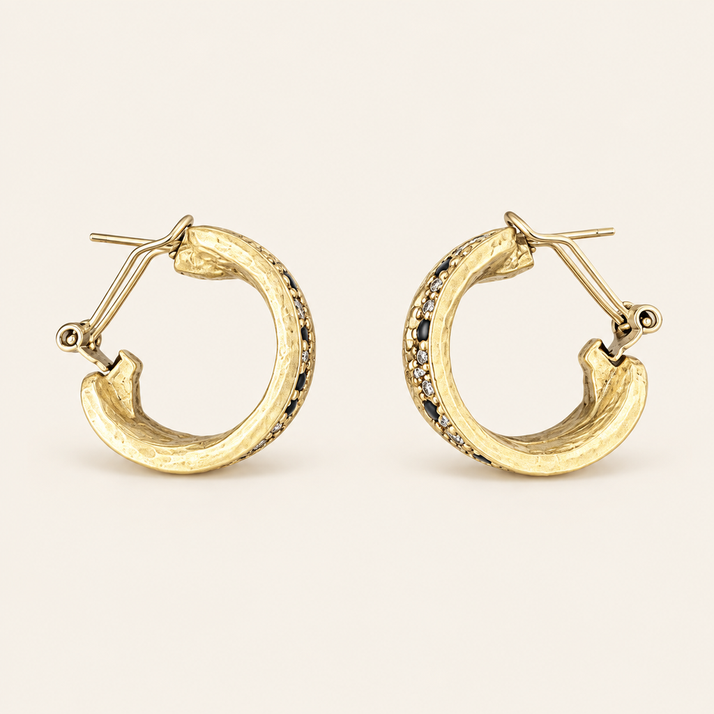 Vintage Black Enamel Textured Hoop Earrings