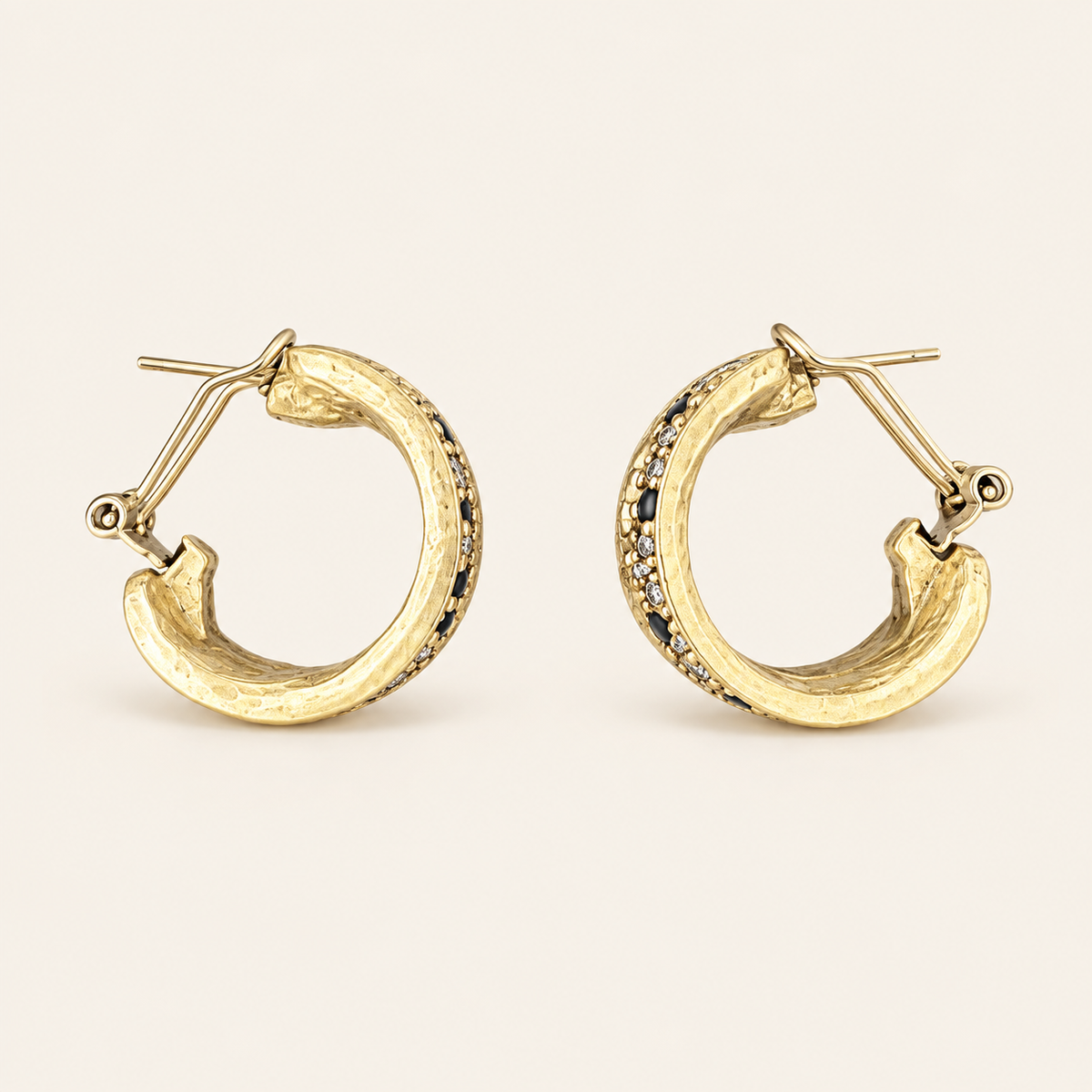 Vintage Black Enamel Textured Hoop Earrings