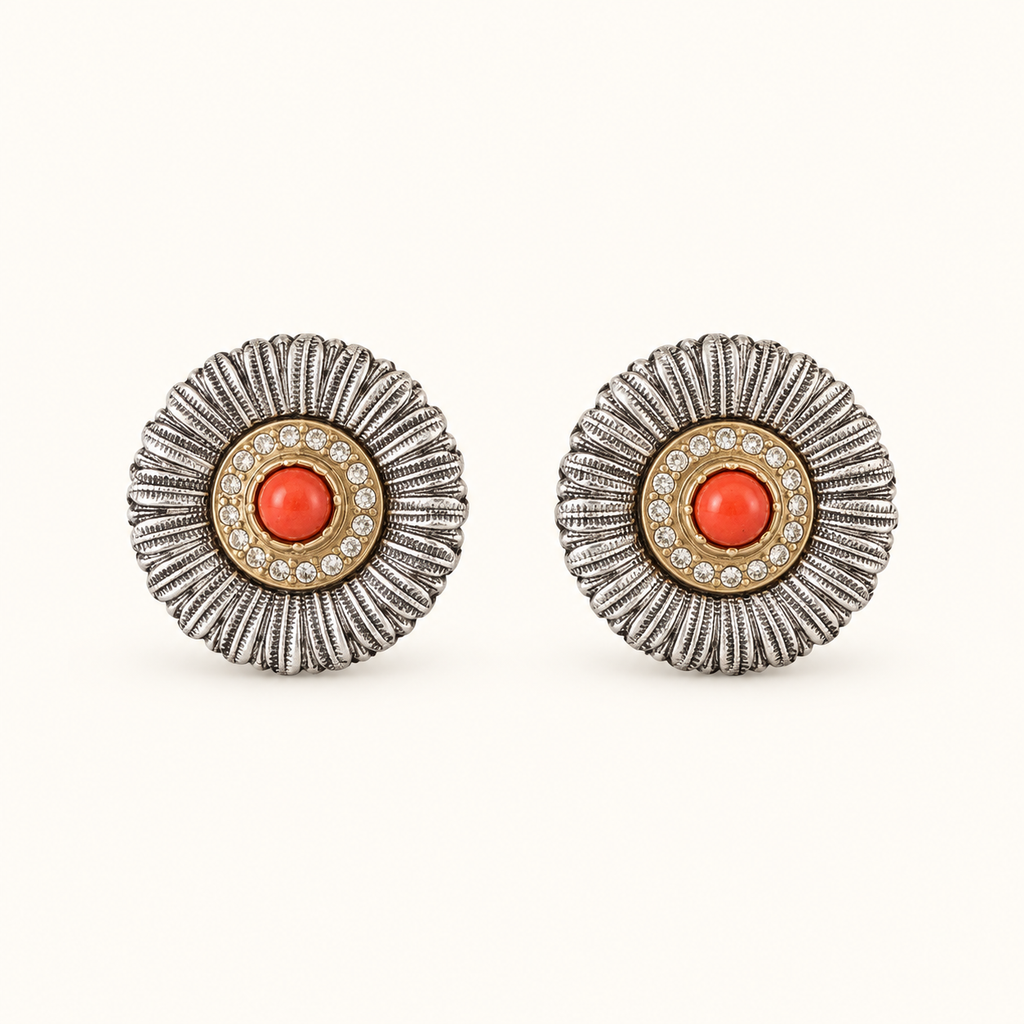 Vintage Sunburst Red Cabochon Clip-On Earrings