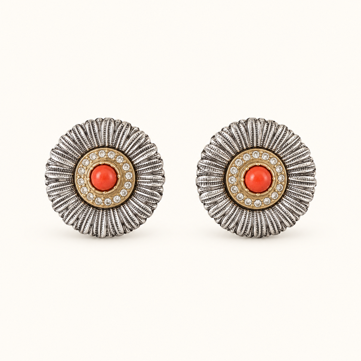Vintage Sunburst Red Cabochon Clip-On Earrings