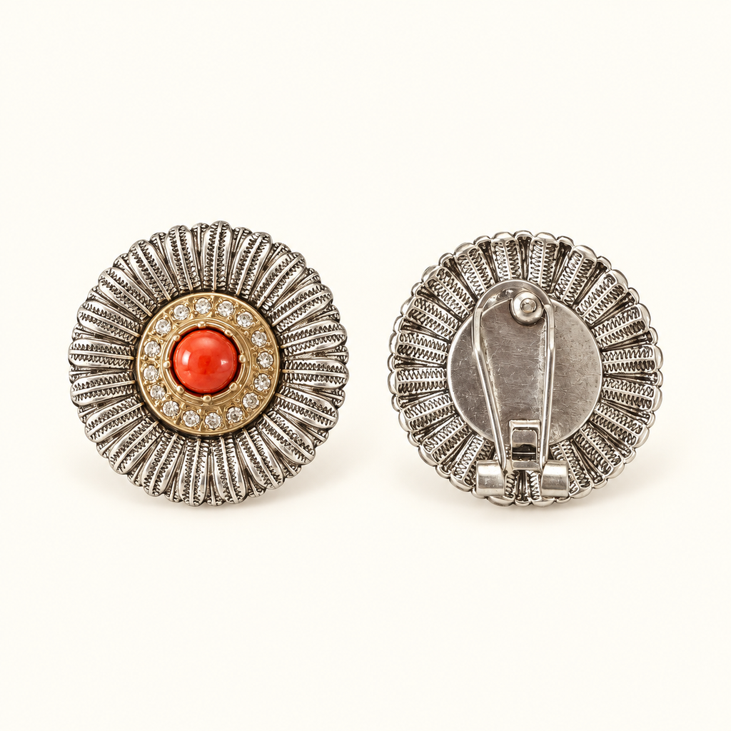 Vintage Sunburst Red Cabochon Clip-On Earrings