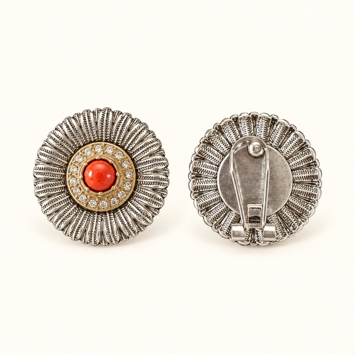 Vintage Sunburst Red Cabochon Clip-On Earrings