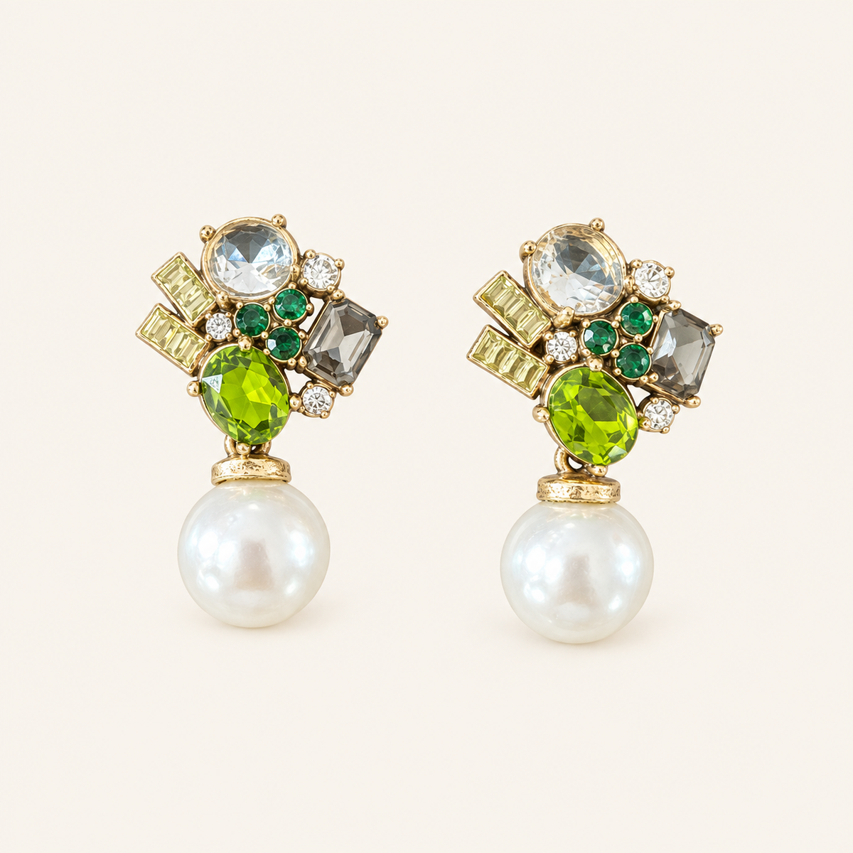 Vintage Green Crystal Pearl Drop Earrings