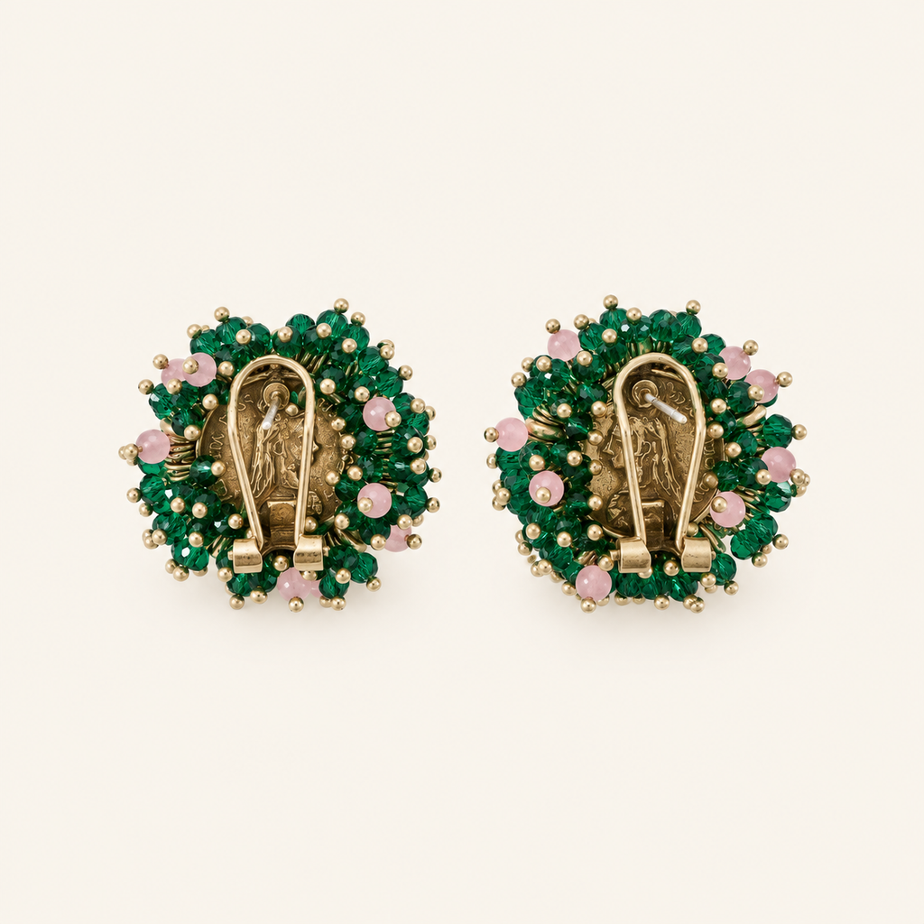 Vintage Coin Green & Pink Beaded Clip-On Earrings