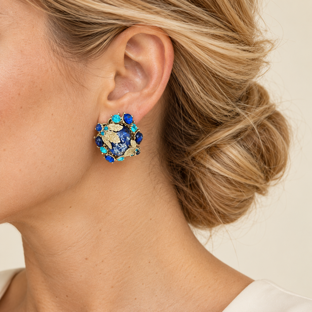 Klein Blue Crystal Leaf Stud Earrings
