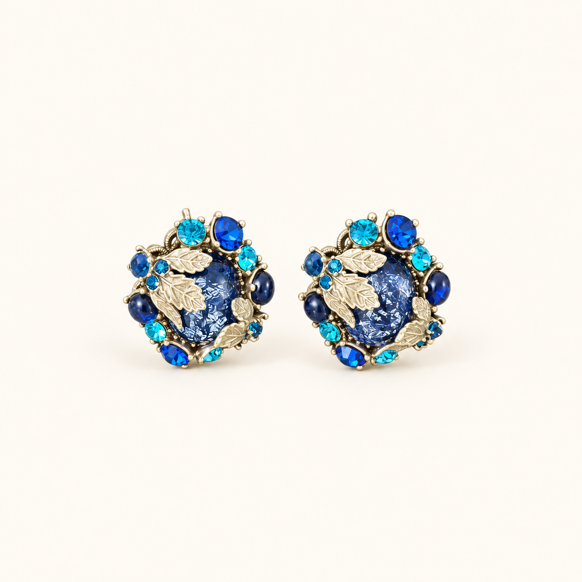 Klein Blue Crystal Leaf Stud Earrings