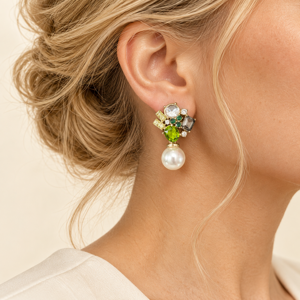 Vintage Green Crystal Pearl Drop Earrings