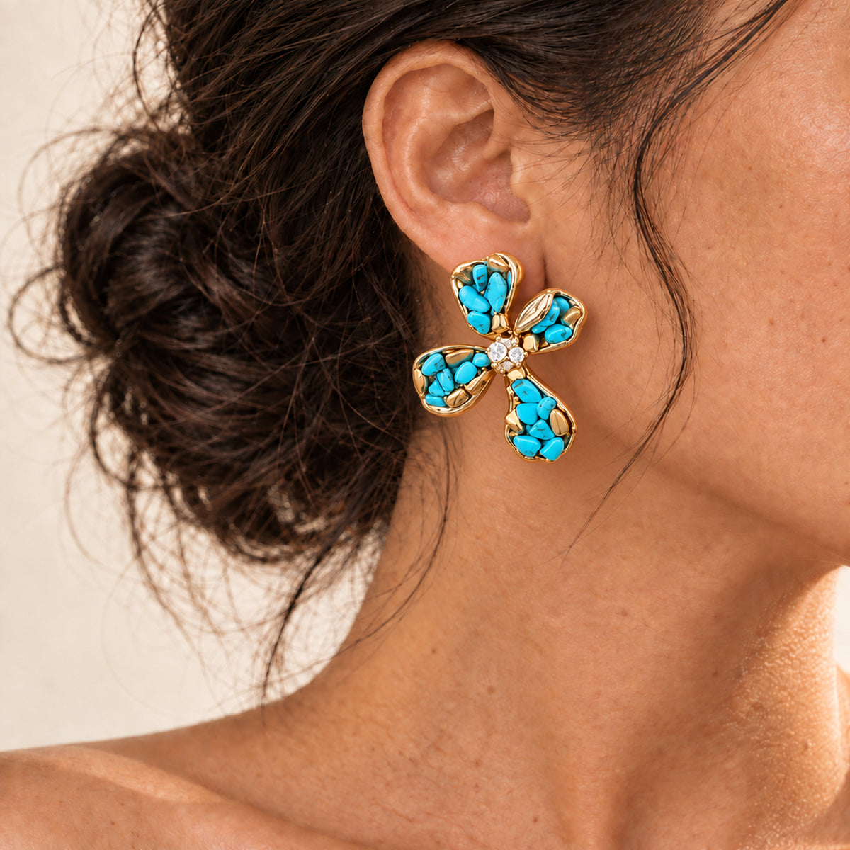Turquoise Petal Crystal Stud Earrings