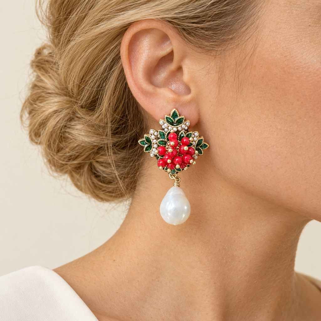 Vintage Red Berry Pearl Drop Earrings