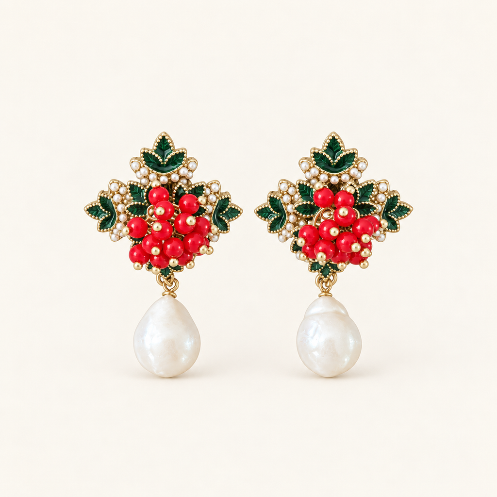 Vintage Red Berry Pearl Drop Earrings