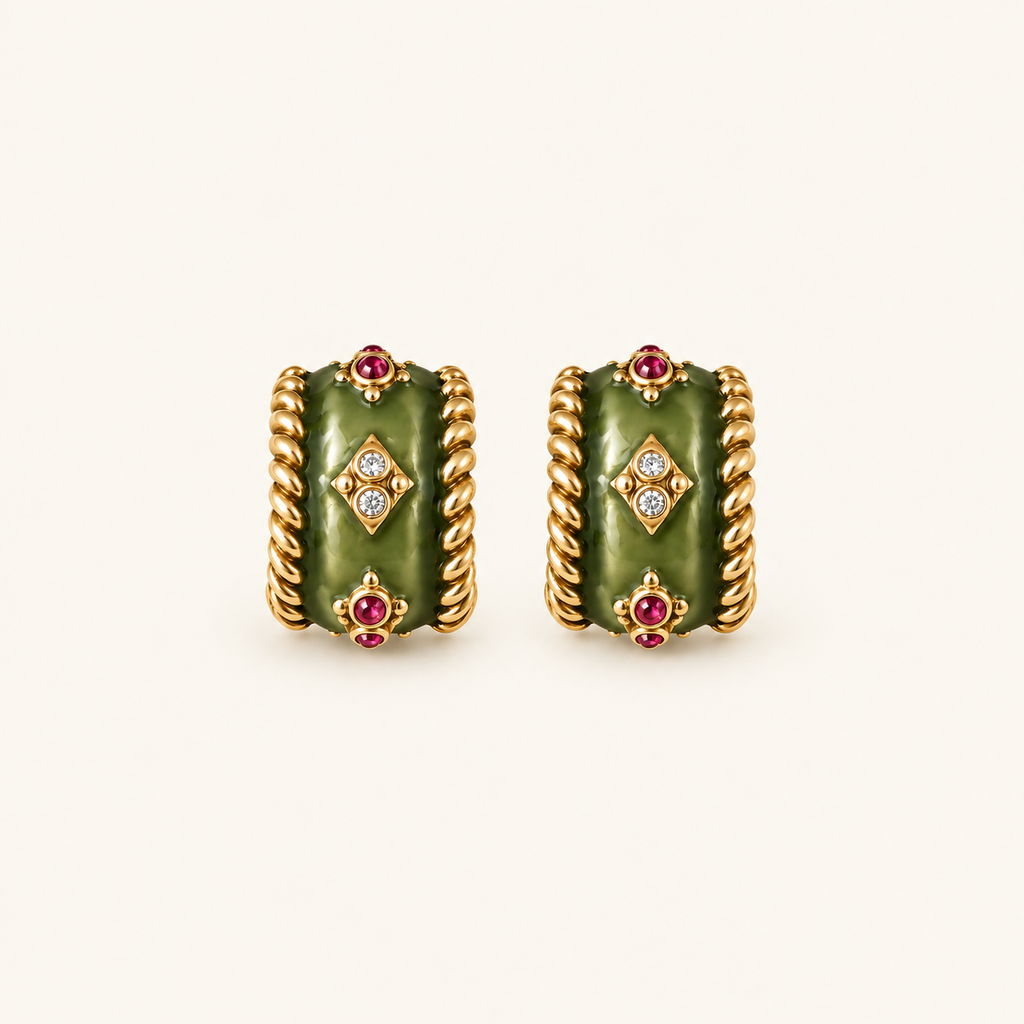 Vintage Olive Green Enamel Statement Earrings