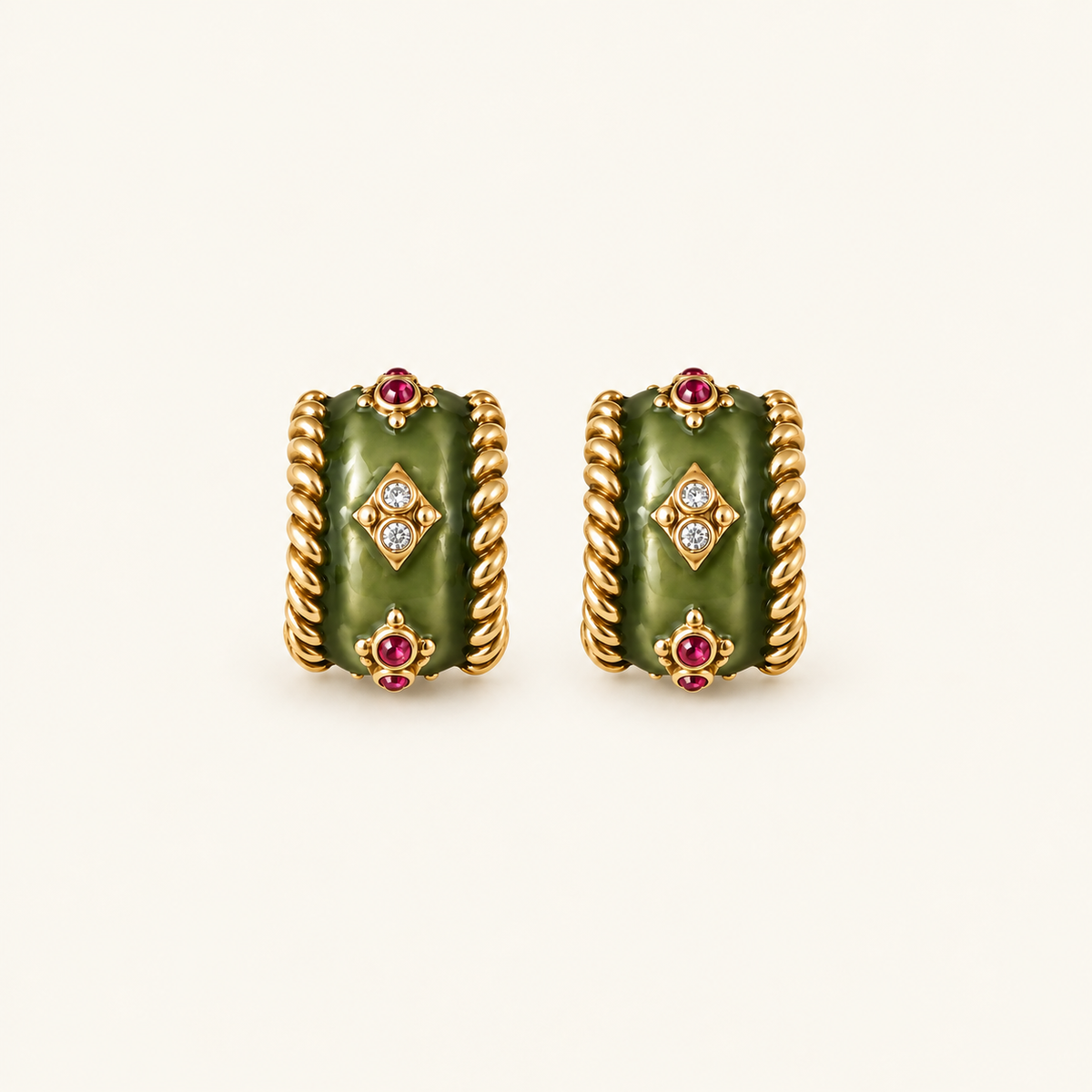 Vintage Olive Green Enamel Statement Earrings