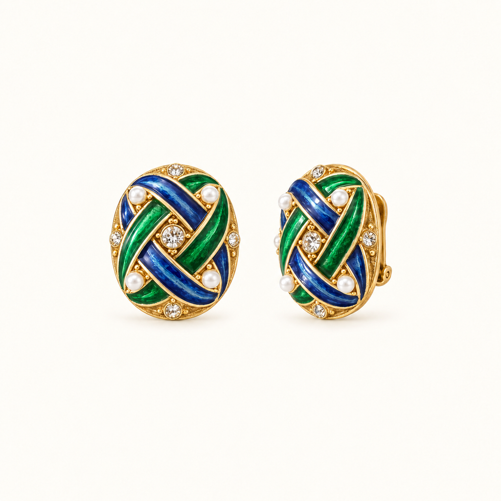 Vintage Blue Green Enamel Pearl Statement Earrings