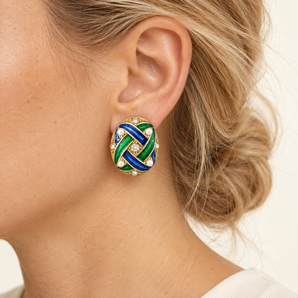 Vintage Blue Green Enamel Pearl Statement Earrings