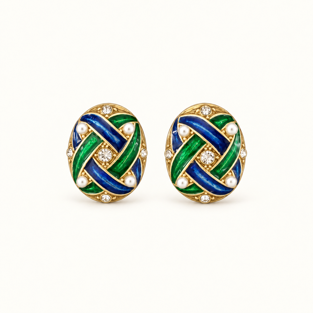 Vintage Blue Green Enamel Pearl Statement Earrings
