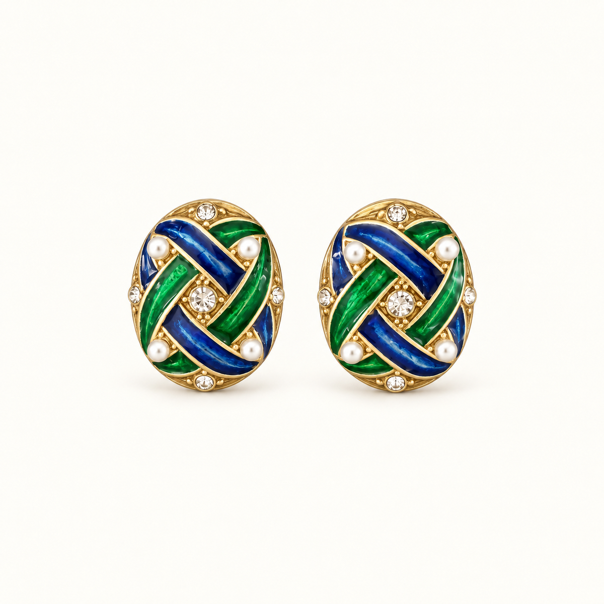 Vintage Blue Green Enamel Pearl Statement Earrings