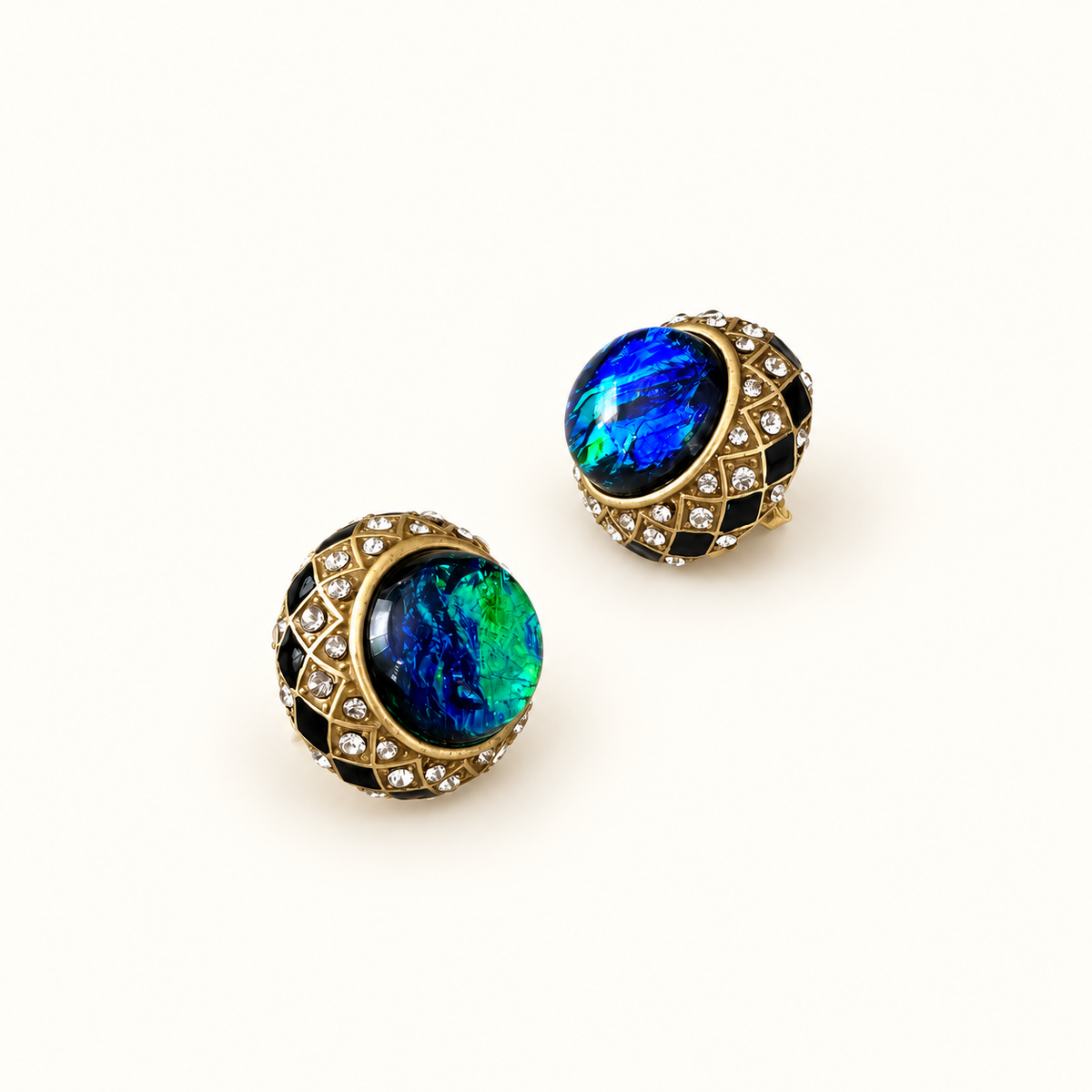 Vintage Blue Green Opal Glass Enamel Stud Earrings