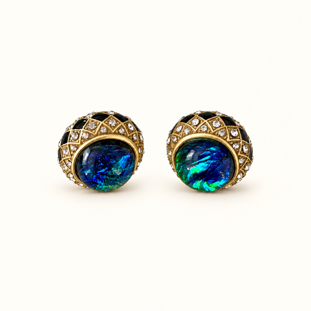 Vintage Blue Green Opal Glass Enamel Stud Earrings