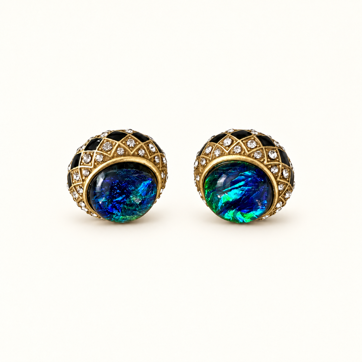 Vintage Blue Green Opal Glass Enamel Stud Earrings