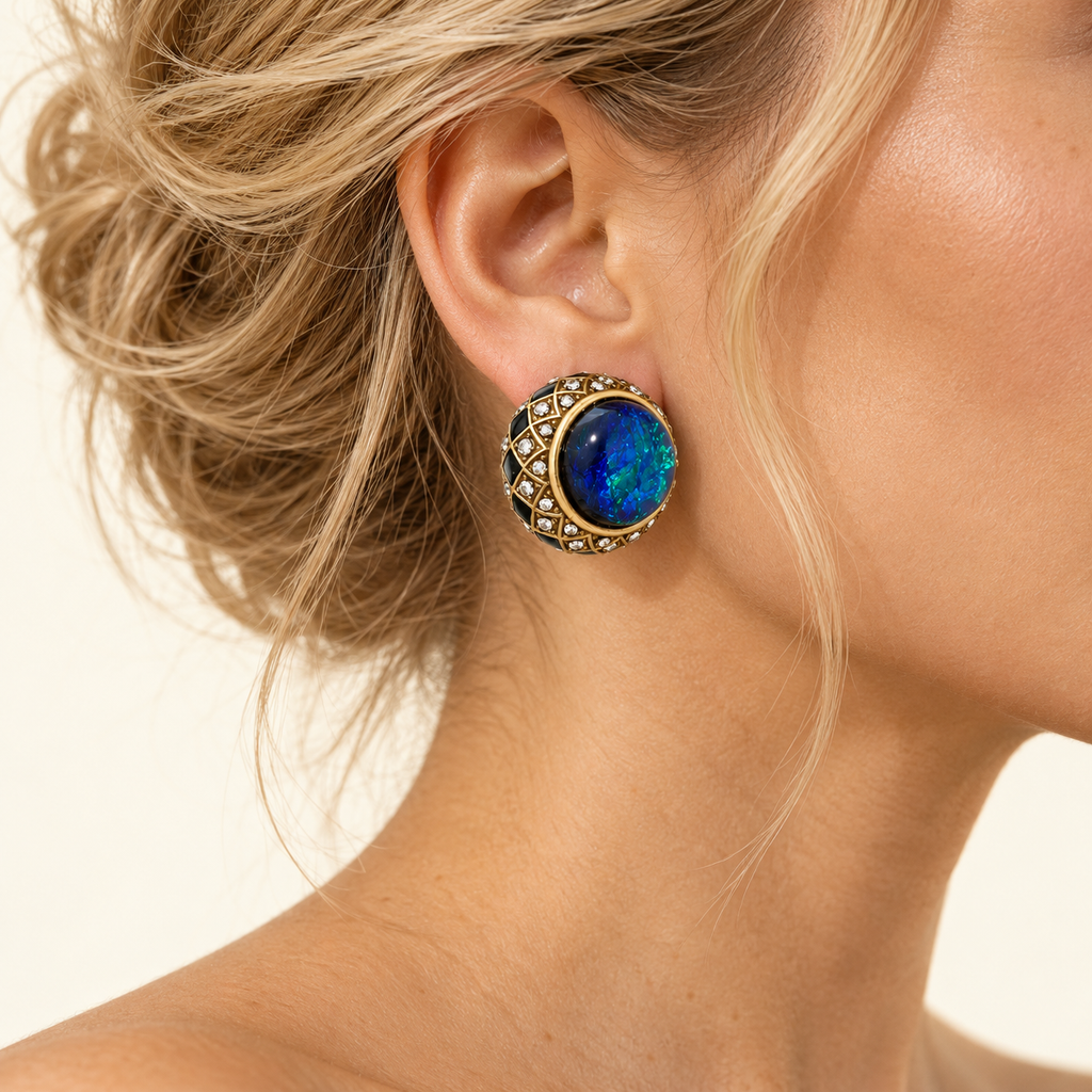 Vintage Blue Green Opal Glass Enamel Stud Earrings