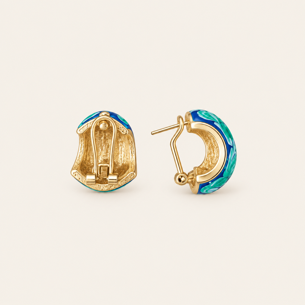 Vintage Blue Green Enamel Crystal Statement Earrings