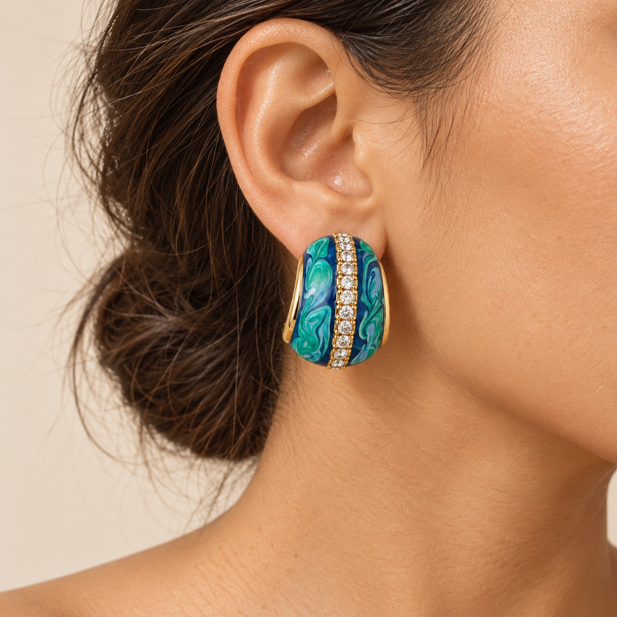 Vintage Blue Green Enamel Crystal Statement Earrings
