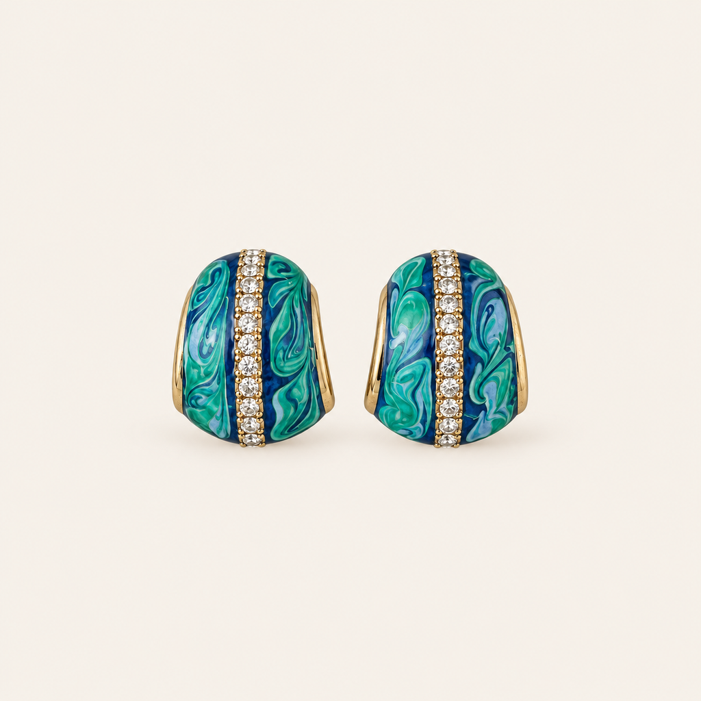 Vintage Blue Green Enamel Crystal Statement Earrings