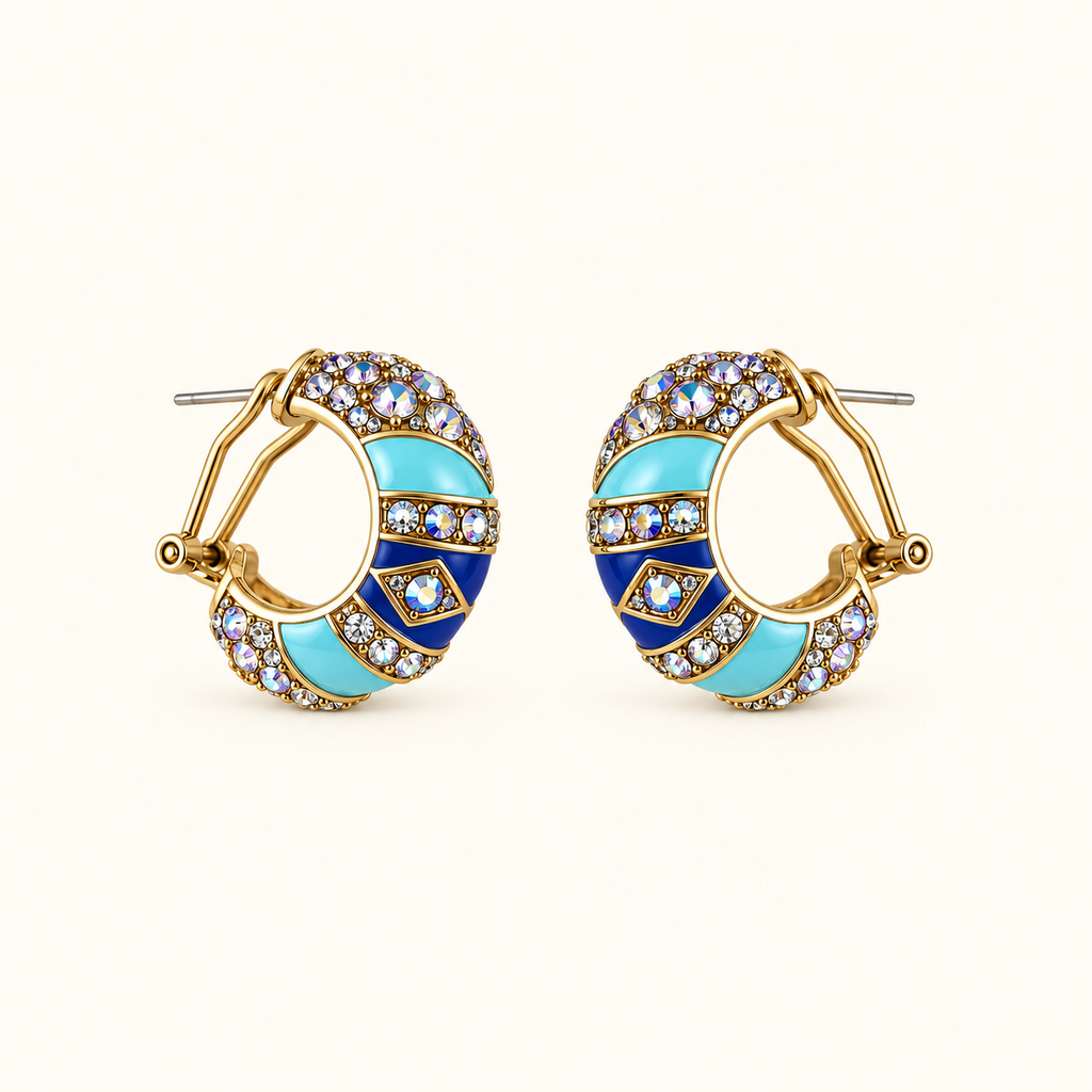 Vintage Blue Turquoise Enamel Crystal Hoop Earrings