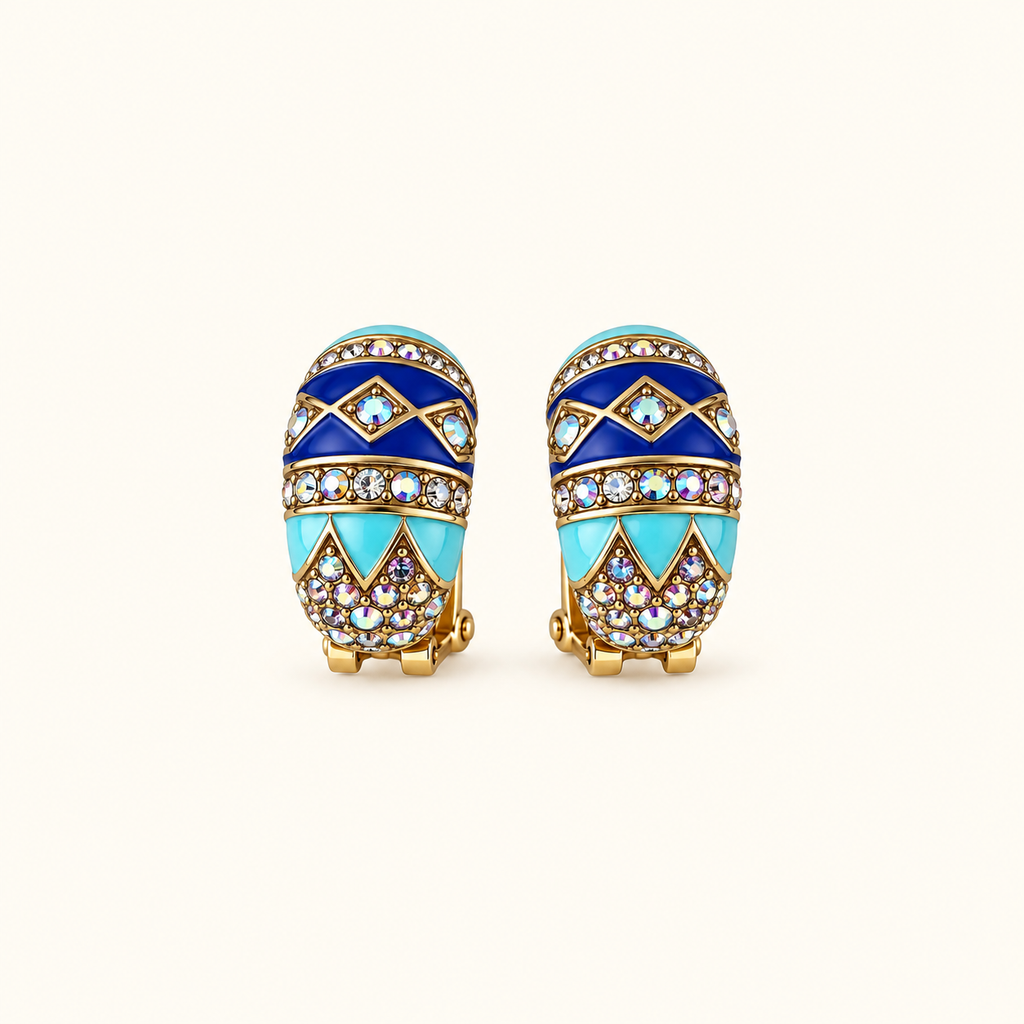 Vintage Blue Turquoise Enamel Crystal Hoop Earrings