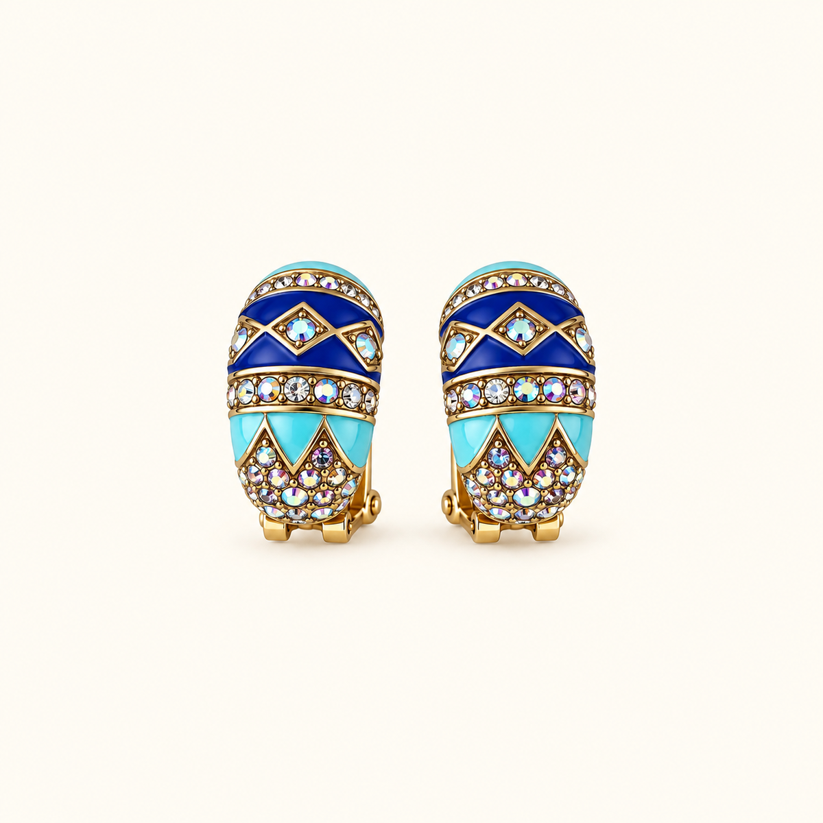 Vintage Blue Turquoise Enamel Crystal Hoop Earrings