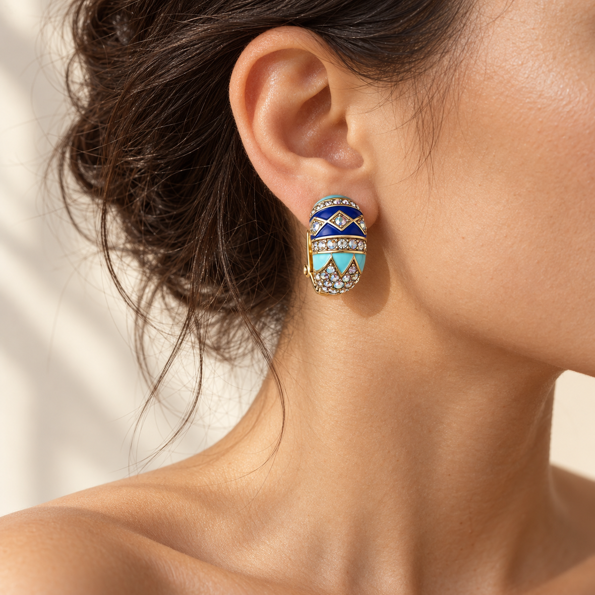 Vintage Blue Turquoise Enamel Crystal Hoop Earrings