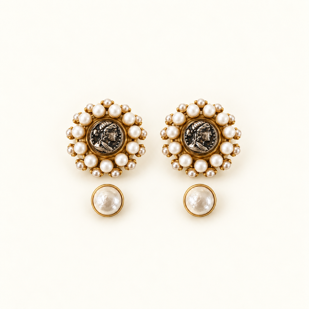 Vintage Pearl Medallion Clip-On Earrings