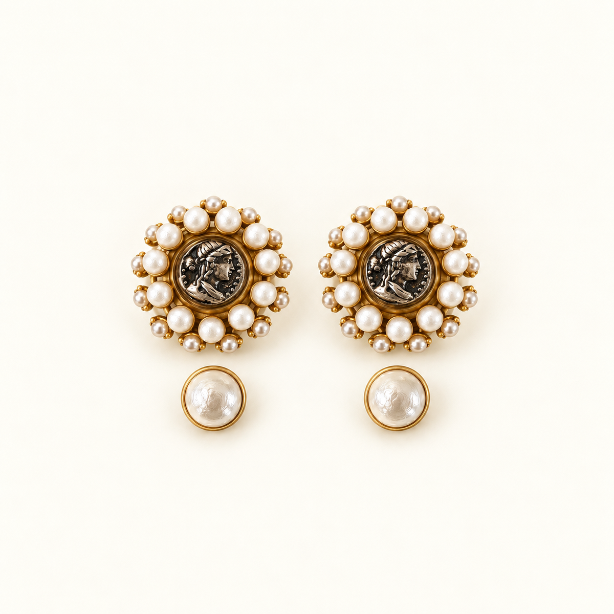 Vintage Pearl Medallion Clip-On Earrings