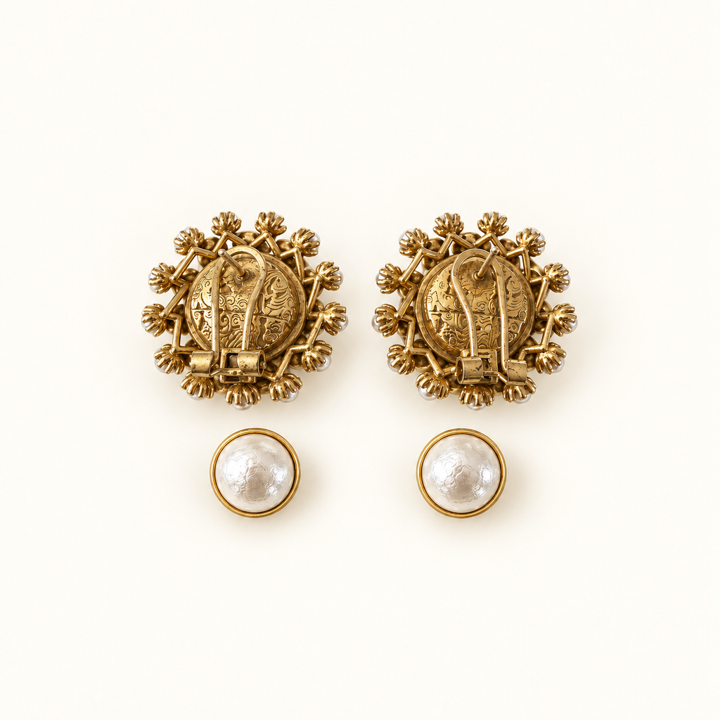 Vintage Pearl Medallion Clip-On Earrings