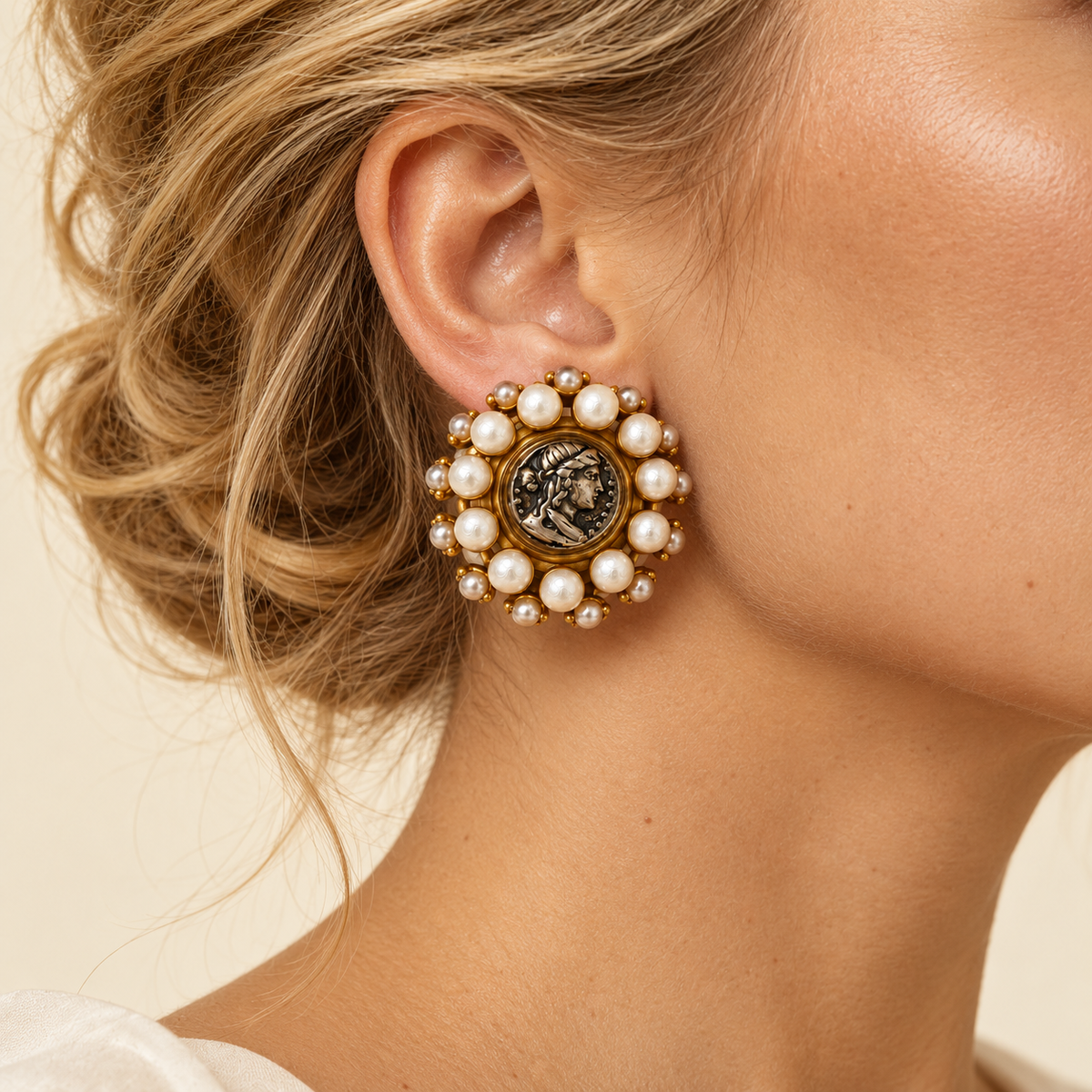 Vintage Pearl Medallion Clip-On Earrings
